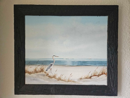 Framed Original Oil on Canvas, Signed Ginger Wilson, Heron with Sailboat