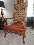 VERY APPEALING CENTURY BRAND LEATHER SEAT TAPESTRY UPHOLSTERY ARMCHAIR