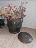 Large Urn style Decor Lidded Basket with Artificial Pink Flower Foliage