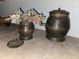 Pair of Lidded Metal Squat Belly Urn style Pots with Decor Flowers