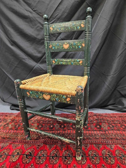 Folk Art Wood Ladderback Painted Chair With hand woven Seat