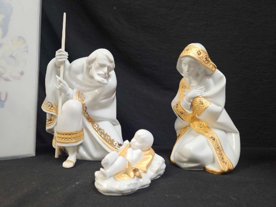 LARGE! LLADRO Set Silent Night Nativity Figurine Golden Lustre. Porcelain The Holy Family Figure.