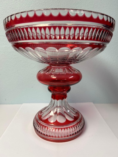 RARE Extra Large 12.5' Tall Bohemian? Ruby Red Cut to Clear Compote/Punch Bowl