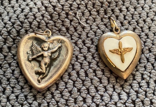 2 Sterling Silver heart pendants inc airplane rotor locket