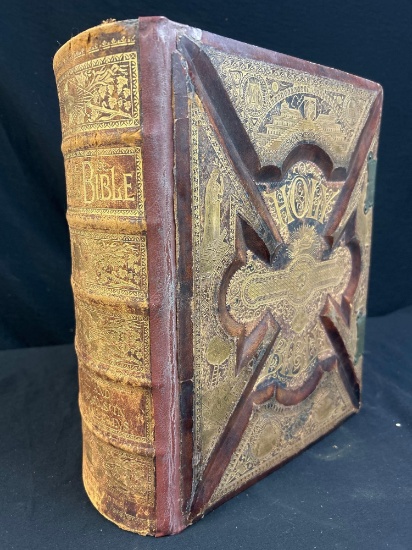Antique English 1800's Large Leather Bound the Parallel Bible Pictorial Family Holy Bible