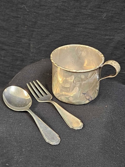 Trio of Child's Sterling Set: Cup, Fork, Spoon