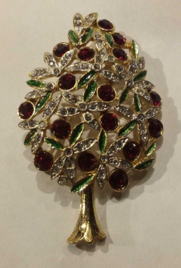 Vintage Sphinx Crystal Rhinestone Christmas Tree Gold Tone Pin Brooch A1266