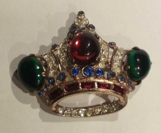 Corocraft Sterling Silver Brooch Colored Glass Crown, Jelly Belly