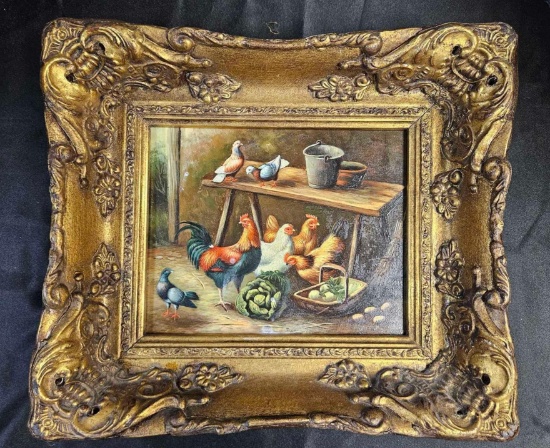 Early ENGLISH OIL ON BOARD, Chickens and Rooster, GRANDLY FRAMED!
