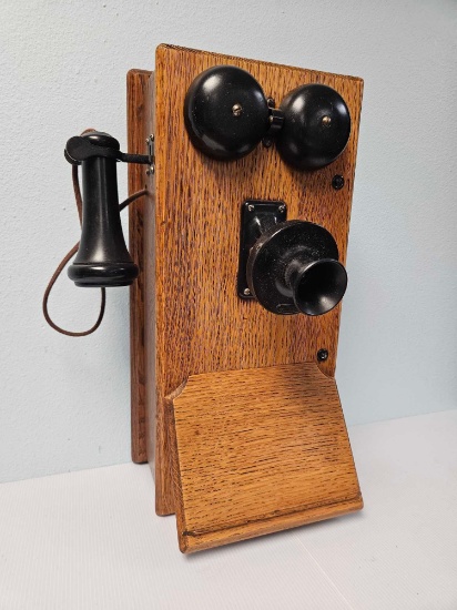 Oak 1900s Antique Wall Telephone, Crank Generator, Later Dial