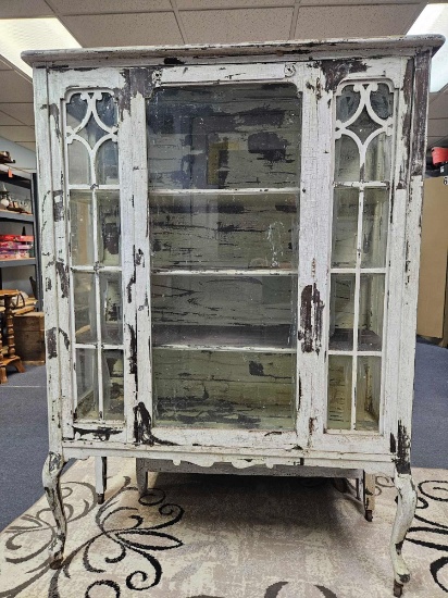 Early 20th Century or older, Glass Front and Side Squat Leg Cabinet, Original Paint