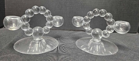 Pair of ANCHOR HOCKING Berwick Boopie Clear Clear Glass Double Taper Candlesticks