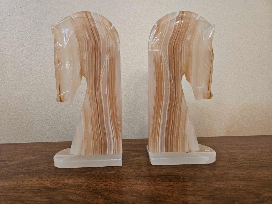 Vintage Onyx Stone Hand Carved Horse Head Bookends (Pair) from Mexico