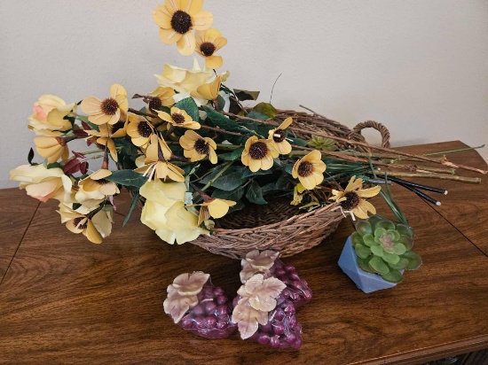 Vintage Wove Basket with Faux Flowers, Fruit Candles, and More Decor