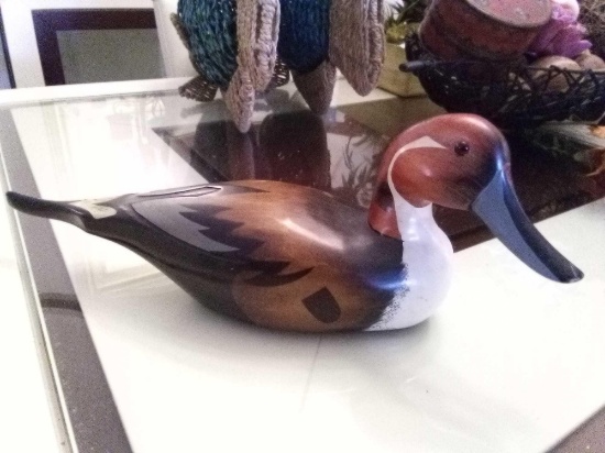 Hand Carved & Painted Wooden Duck Decoy 16? Glass Eyes