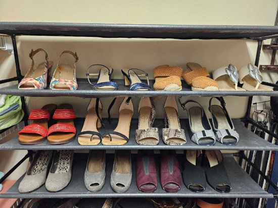 (3) shelves of Ladies Shoes heels, Jessica Simpson, Life stride, Tahari, Impo