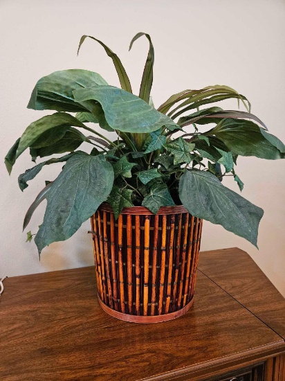 LARGE POTTED FAUX FOLIAGE PLANT IN BASKET POT