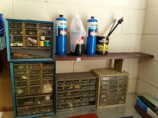 CONTENTS OF ABOVE AND BELOW GARAGE SHELF, HARDWARE HOLDERS, PROPANE