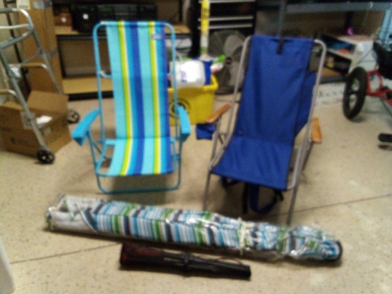 VERY NICE BEACH GROUPING! ENJOY THIS SUMMER WITH A PAIR OF COMFY BEACH CHAIRS AND FOLDING TABLE