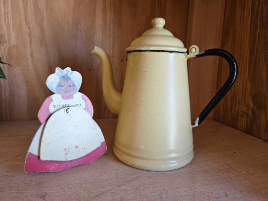 Vintage enamel teapot and dishwasher Sign
