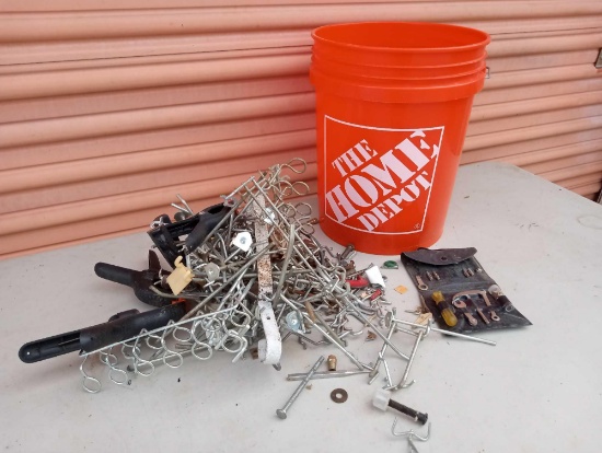 HOME DEPOT BUCKET FULL OF PEGBOARD HOOKS, CLAMPS, MORE