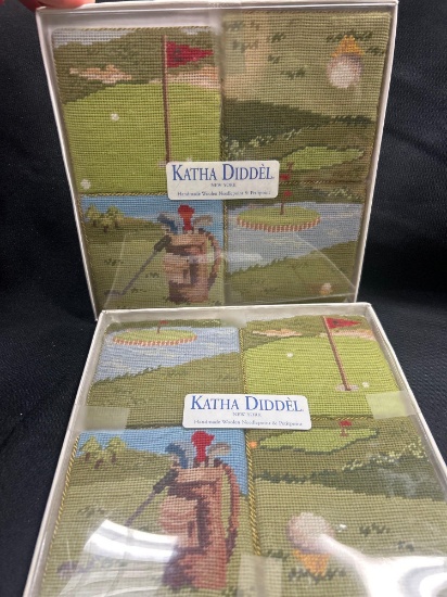 (2) KATHA DIDDEL New York handmade woolen needlepoint and petite point coasters