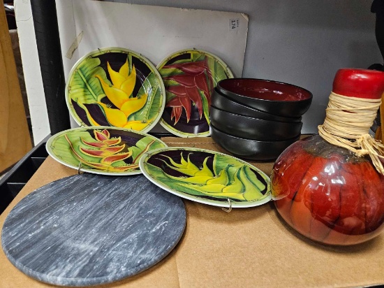 MARBLE TRAY, PLATES, BOWLS, PEPPERS BOTTLE