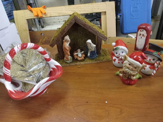 Holiday Decor: Homco Ceramic Elf and Snowman Couple, Creche with Nativity and More