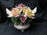Capodimonte Large Floral Composition Rose Dove Bird Basket Centerpiece Figurine
