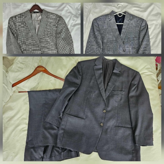 (2) Men's Suit Jackets, Sz 48/ M, (1) Complete Suit, Blue, Hound's-tooth, Blue Plaid