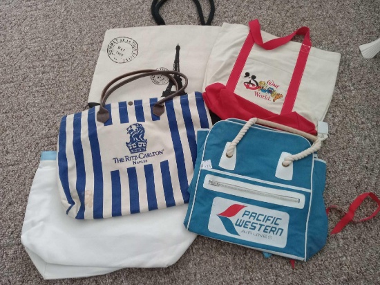 Some collectible totes / bags including PACIFIC WESTERN AIRLINES, DISNEY BAG AND PEN