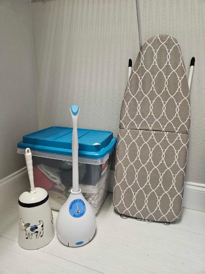 Tote of - Racey Cooks Apron, kitchen towels and hot pads, folding storable petite ironing board,