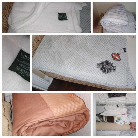 Linen Closet with Blankets including tagged Harley Davidson and Ralph Lauren