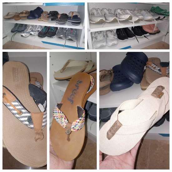 (4) Closet Shelves in Shoes, used and Very Good condition, including Reef, Sperry, Rainbow, Sz 6-7