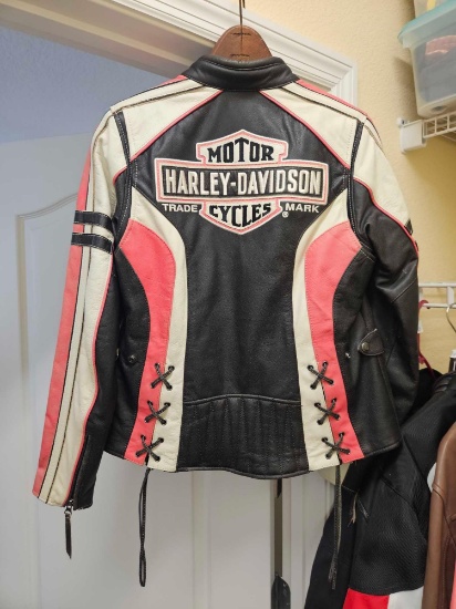 Harley-Davidson Womens Ridgeway Black White and Pink Leather Jacket Sz S