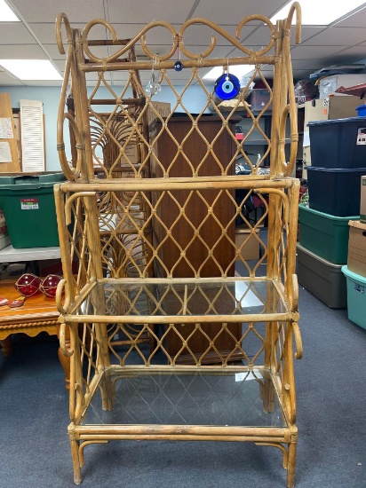 VINTAGE RATTAN BAMBOO, 3 glass shelves, shelving unit