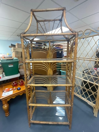 Vintage Bamboo Rattan, 4 Glass Shelves, Shelving Unit