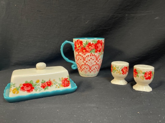 PIONEER WOMAN ROSE SHADOW, BUTTER DISH, SALT AND PEPPER SHAKERS, MUG