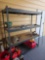 4 shelf, storage rack with contents of shelves