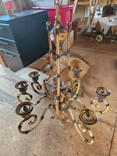 Vintage Huge Tan Faux Bamboo and Glass 6 Light Pineapple Regency Chandelier