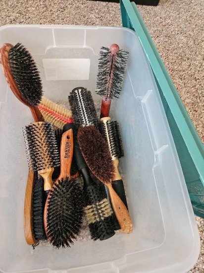 TOTE OF HAIR AND SHOE BRUSHES INCLUDING VIBTAGE HORSEHAIR, BOAR BRISTLE