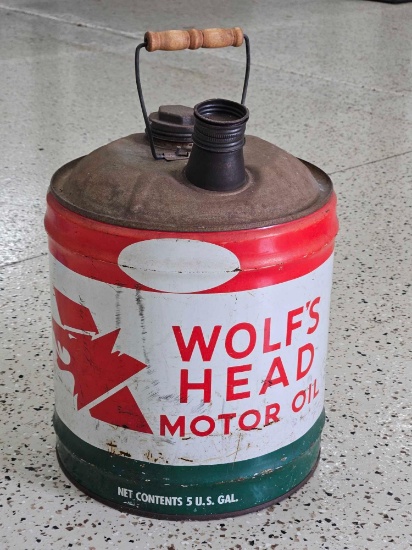 AWESOME VINTAGE WOLF'S HEAD MOTOR OIL, FIVE GALLON CAN