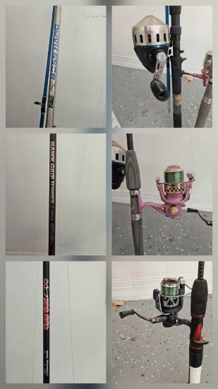 3 Complete rod and reel sets including shakespeare ugly stick, hawk grip, and boss hog