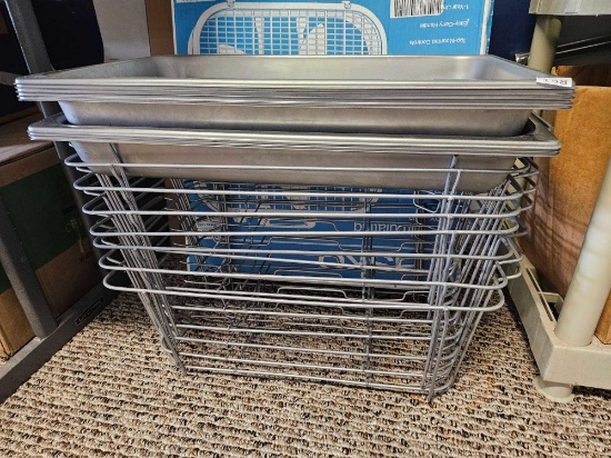 8 Stainless steel chaffing serving pans and 8 wire basket stands