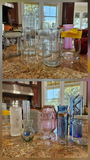 Large grouping of glass vases including canister and flip top bottle