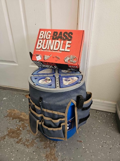 BIG BASS BUNDLE UNOPENED, AND FISHING BUCKET WITH CONTENTS