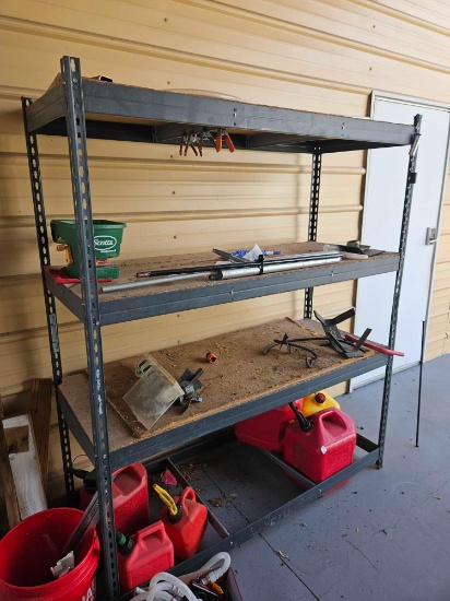 4 shelf, storage rack with contents of shelves