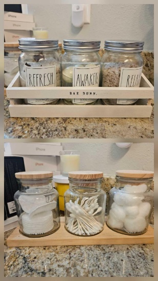 RAE DUNN BATHROOM SALTS AND DECOR PLUS CANDLES