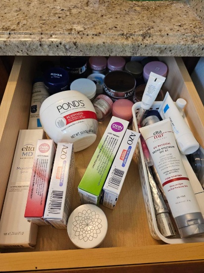 BEAUTY DRAWER AND MEDICINE CABINET CONTENTS, INCLUDING UNOPENED AZO, BEAUTY CREAMS, LANCOME