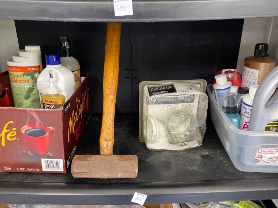 Contents of 2nd shelf including Cleaners and mini sledge